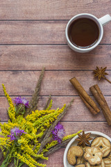 Cup of coffee and a cozy Autumn composition, autumn concept. Flat layout, top view