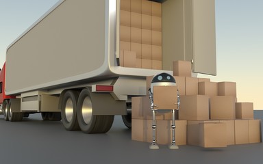 Robot with Shipping Boxes load in truck Render 3d