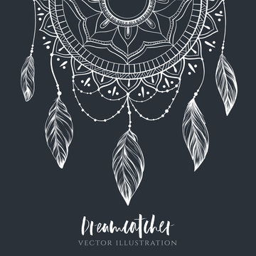Dreamcatcher with feathers and branches. Sweet dream. Native American Indian talisman. Vector hand drawn illustration. Boho design, tattoo art.