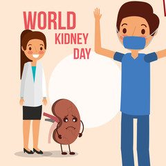 doctor surgeon and female with cartoon kidney