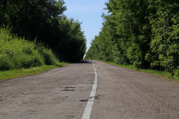 Fototapeta premium An empty rural asphalt road in the middle zone of Russia.