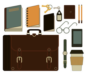 A set of various objects for travel, recreation, business trip, trekking, plein air. Notepad, documents, tickets, passport, coffee, phone, tablet, keys, tube, tissue bag, waist bag, sunglasses, purse