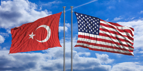 American and Turkish waving opposite flags on blue sky background. 3d illustration