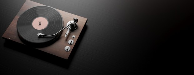 Vinyl LP record player on black wooden background, banner, copy space. 3d illustration © Rawf8