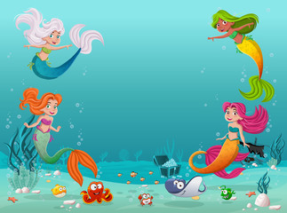 Mermaid children swimming with fish under the sea. Underwater world with corals.
