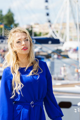 Fashion model wearing blue jumpsuit