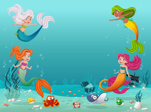 Mermaid children swimming with fish under the sea. Underwater world with corals.

