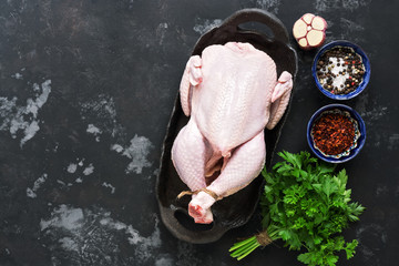 A whole raw chicken with spices on a dark rustic background. Flat lay of the copy space.