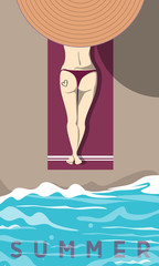 Summer vibe. Girl sun tanning on a beach. Vector illustration.