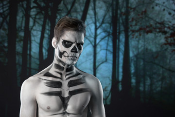 halloween scary skeleton man portrait in studio