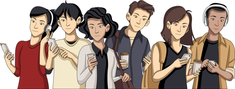 Cartoon young people with smart phones