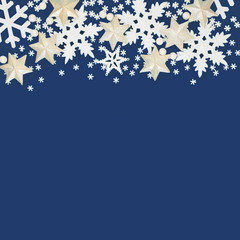 Christmas snowflake and star abstract background border on blue. Festive card for the Christmas holiday and winter season with copy space.