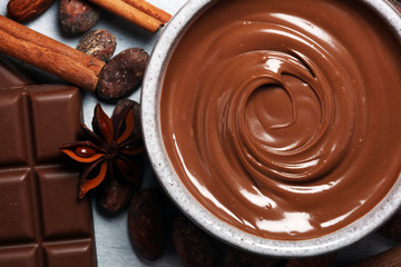 Melting chocolate  or melted chocolate with a chocolate swirl. Many stack and chips with powder.