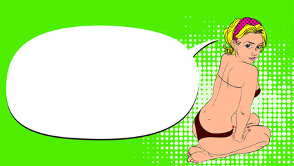 Comic style poster with young pretty girl. Vector illustration.