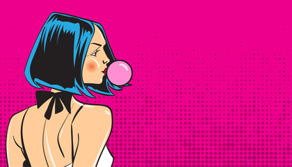 Summer time poster with a comic style sexy young girl. Vector illustration. © sergeygerasimov