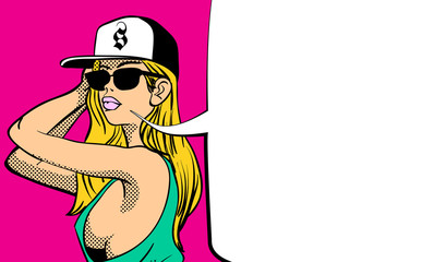 Summer time poster with a comic style sexy young girl. Vector illustration.