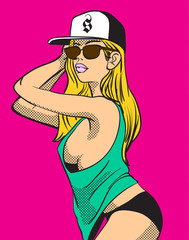 Summer time poster with a comic style sexy young girl. Vector illustration.