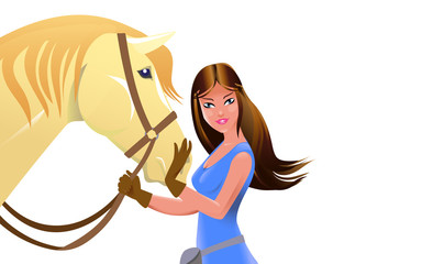 Equine poster with young girl and horse in cartoon style. Vector illustration.