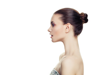 Fashion Portrait of Young Model Woman Isolated on White Background. Beautiful Female Profile