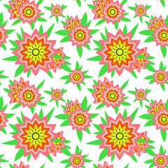Summer time seamless pattern with tropical flowers and leaves.