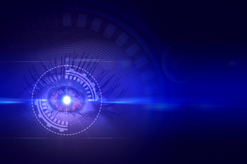 Female eye on an abstract background with holograms and neon glow.