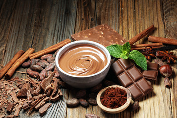 Melting chocolate  or melted chocolate with a chocolate swirl. Many stack and chips with powder.