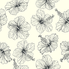 Materiał do szycia Vector vintage seamless pattern with tropical flowers isolated on white. Blooming hibiscus in engraving style. Hand drawn floral texture