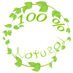 Round logo of branches and leaves with drops of dew and inscription 100 natural product