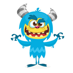 Happy cartoon monster. Vector Halloween blue furry monster yeti or bigfoot