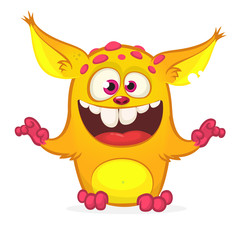 Happy cartoon orange monster. Halloween vector illustration of excited troll or gremlin character. Big set of cartoon monsters