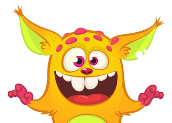 Happy cartoon orange monster. Halloween vector illustration of excited troll or gremlin character. Big set of cartoon monsters