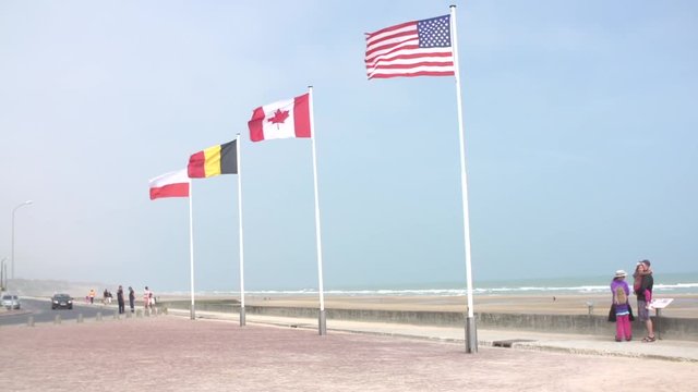 Flags Waving on Normandy Beach