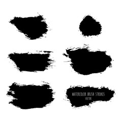 Vector dark black grunge watercolor, ink texture set, hand painted dry brush splashes, strokes, stains, spots, blots, dividers, labels, templates, dirty shapes. Abstract acrylic monochrome background.