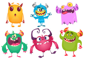 Cartoon Monsters. Vector set of cartoon monsters isolated. Design for print, party decoration, t-shirt, illustration, logo, emblem or sticker