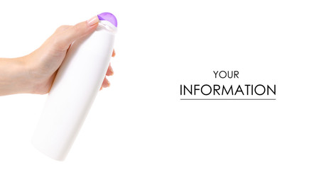 White bottle of shower gel lotion cream in hands pattern on a white background isolation