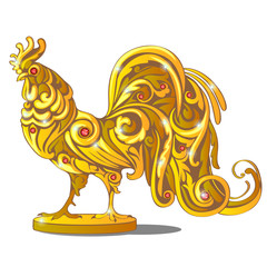 Golden Figurine Of Rooster Inlaid With Red Precious Stones, Rubies Isolated On White Background. Sample Of The Poster, Invitation And Other Cards. Vector cartoon close-up illustration.
