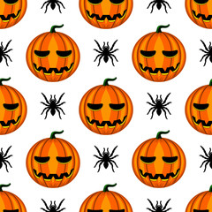 Seamless pattern with Halloween pumpkin and spider