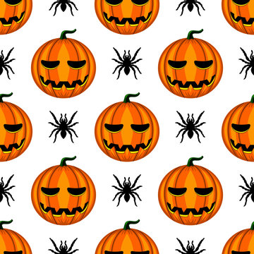Seamless pattern with Halloween pumpkin and spider