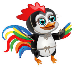 Cute little penguin with bright feathers of a rooster isolated on a white background. Vector illustration.