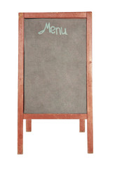 Empty wooden menu message chalkboard isolated on white.