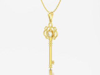 3D illustration yellow gold decorative key necklace on chain with diamond