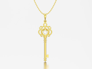 3D illustration yellow gold decorative key necklace on chain with diamond