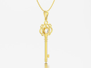 Fototapeta na wymiar 3D illustration yellow gold decorative key necklace on chain with diamond