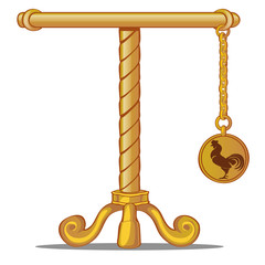 Decorative element pendant engraved with the silhouette of a rooster isolated on white background. Vector cartoon close-up illustration.