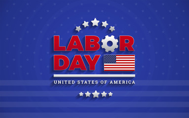 Labor Day text logo on blue background vector illustration with USA flag, Labor Day United States Of America lettering design