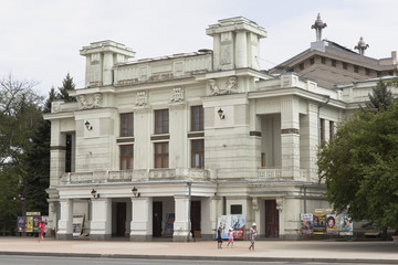 The facade of the Evpatoria Theater named after Pushkin in the city of Evpatoria, Crimea, Russia