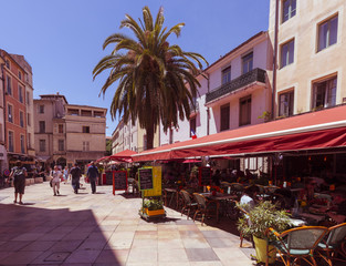 Nimes, Gard, France, 22,06 2018. Market square in Nimes