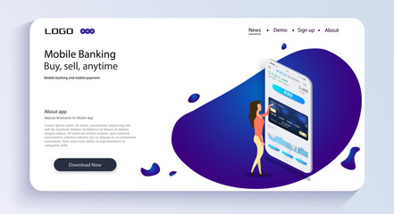 The girl operates mobile banking.Mobile banking. Mobile bank app isometric concept. Online banking  design