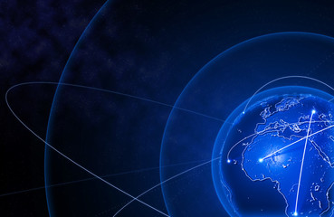 Connection lines and orbits Around Earth Globe, Theme Background with Light Effect. 3D illustration/Global International Connectivity Background. 3D renderings. Global cryptocurrency