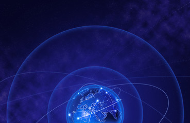 Connection lines and orbits Around Earth Globe, Theme Background with Light Effect. 3D illustration/Global International Connectivity Background. 3D renderings. Global cryptocurrency